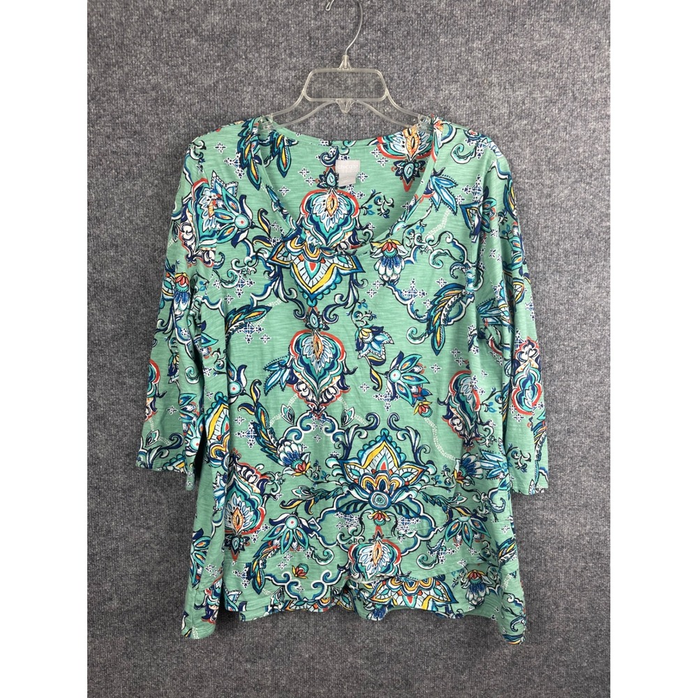 Chico's Top Women Size 3 XL Green Excellent 3/4 Sleeve Paisley V-Neck Slub Knit